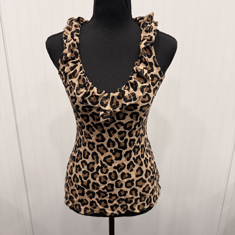 Tory Burch Women's Size 2 Leopard Print 100% Silk Sleeveless Ruffle Trim Blouse